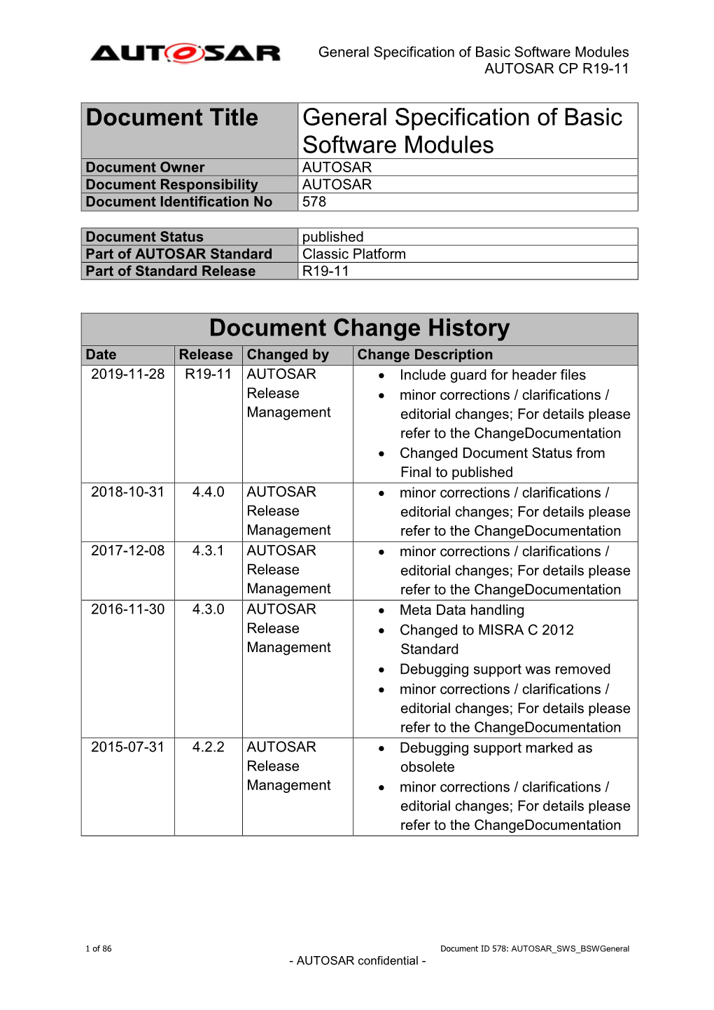 General Specification of Basic Software Modules AUTOSAR CP R19-11