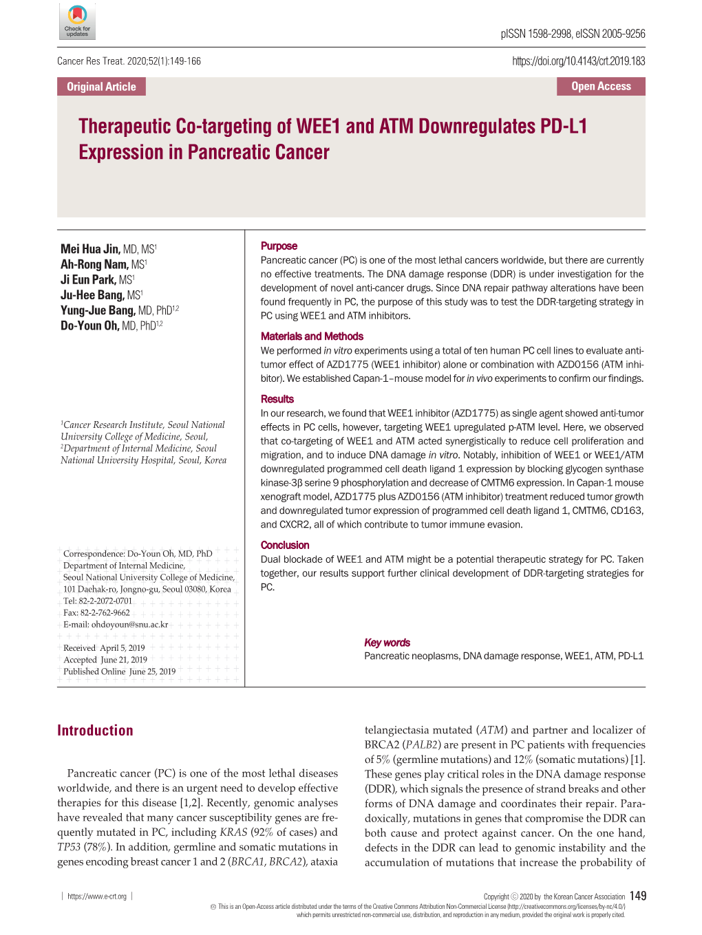 Therapeutic Co-Targeting of WEE1 and ATM Downregulates PD-L1 Expression in Pancreatic Cancer