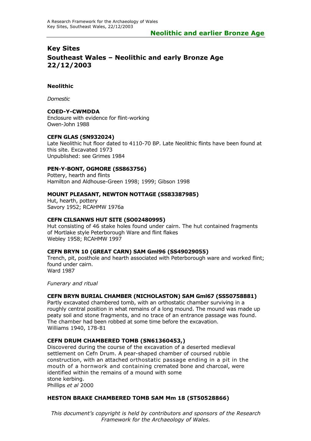 Neolithic and Earlier Bronze Age Key Sites Southeast Wales – Neolithic