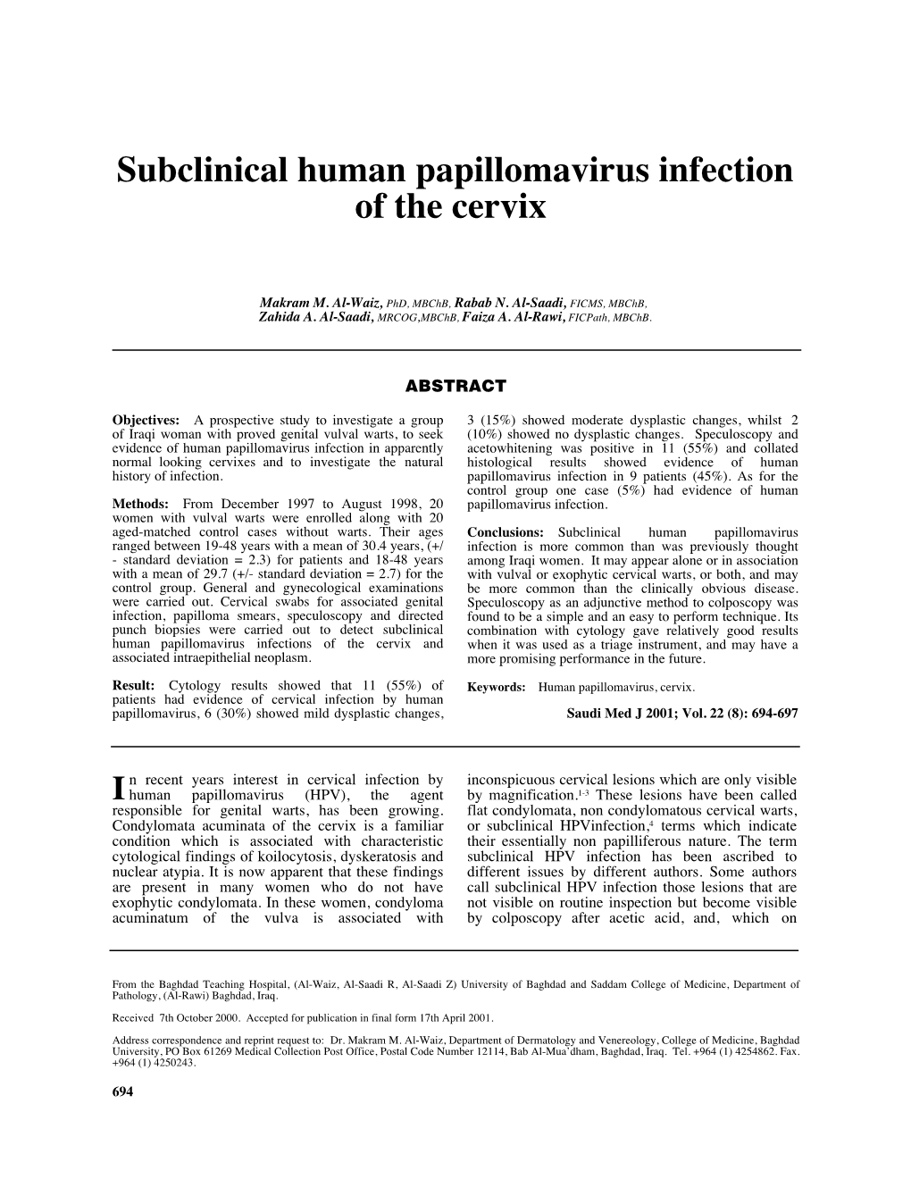 Subclinical Human Papillomavirus Infection of the Cervix