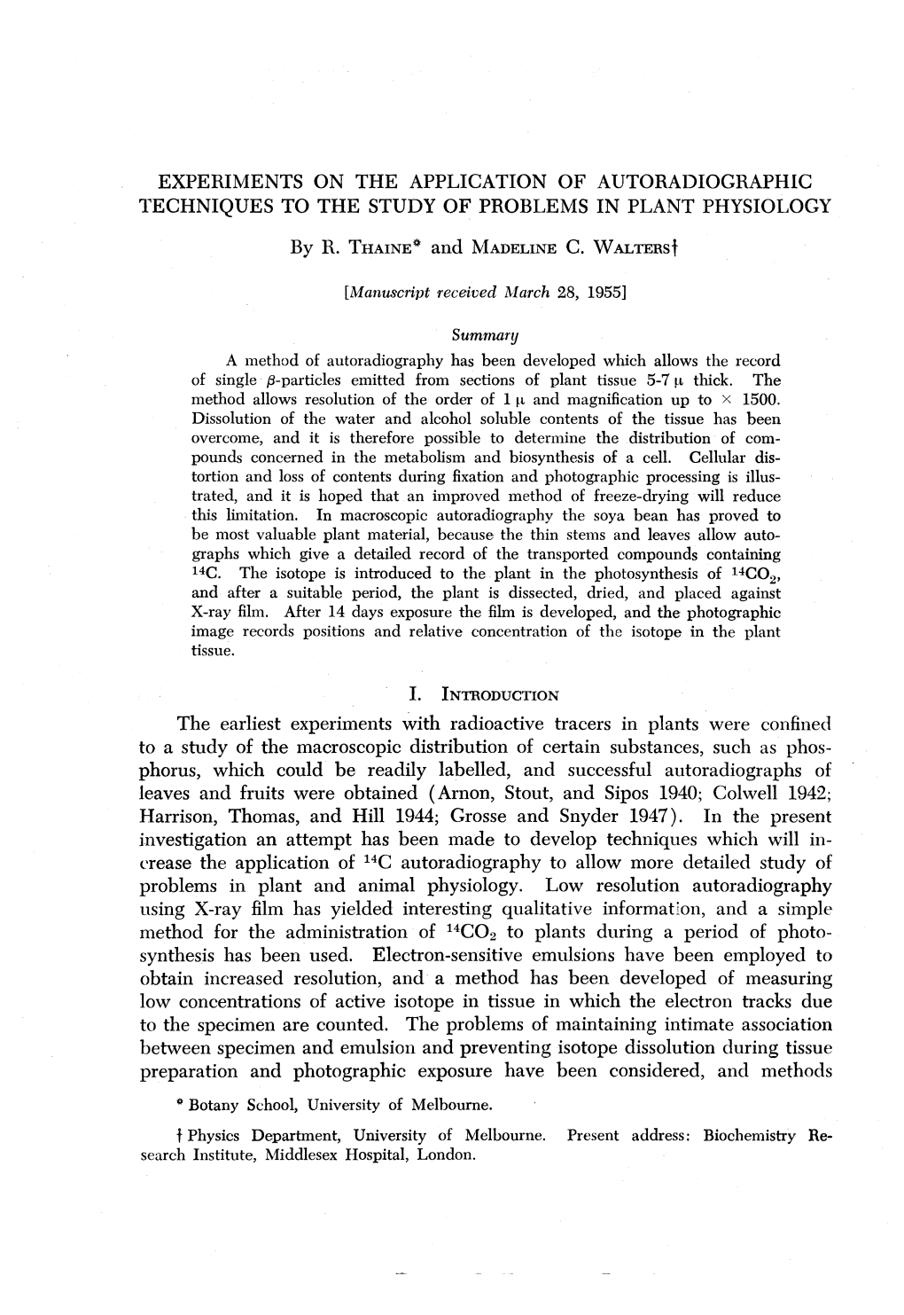 Experiments on the Application of Autoradiographic Techniques to the Study of Problems in Plant Physiology