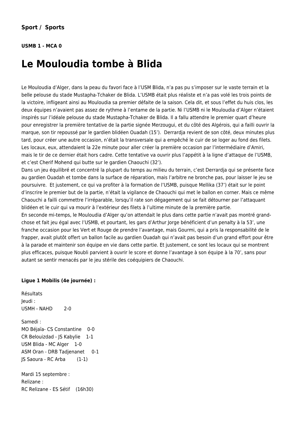 Le Mouloudia Tombe À Blida: Toute L'actualité Sur Liberte-Algerie.Com