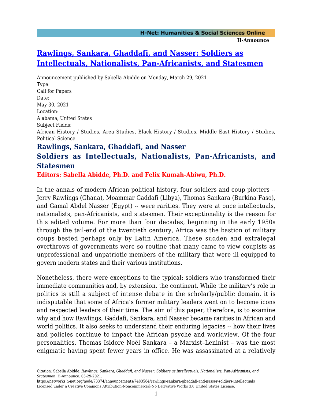 Rawlings, Sankara, Ghaddafi, and Nasser: Soldiers As Intellectuals, Nationalists, Pan-Africanists, and Statesmen