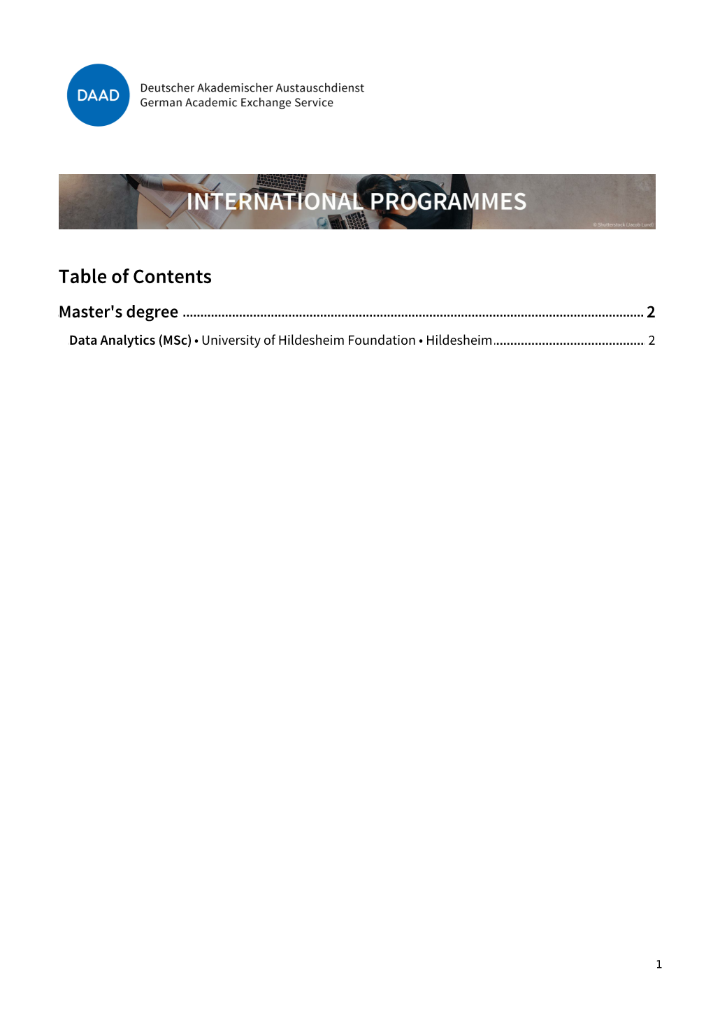 Table of Contents Master's Degree 2 Data Analytics (Msc) • University of Hildesheim Foundation • Hildesheim 2