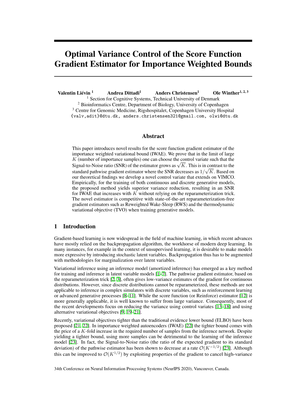 Optimal Variance Control of the Score Function Gradient Estimator for Importance Weighted Bounds