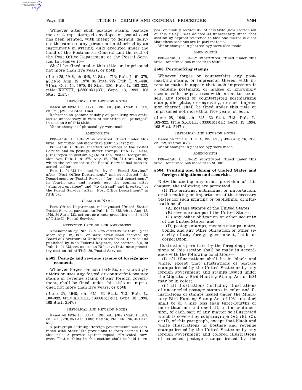 Page 119 TITLE 18—CRIMES and CRIMINAL PROCEDURE § 504 Whoever After Such Postage Stamp, Postage Meter Stamp, Stamped Envelope