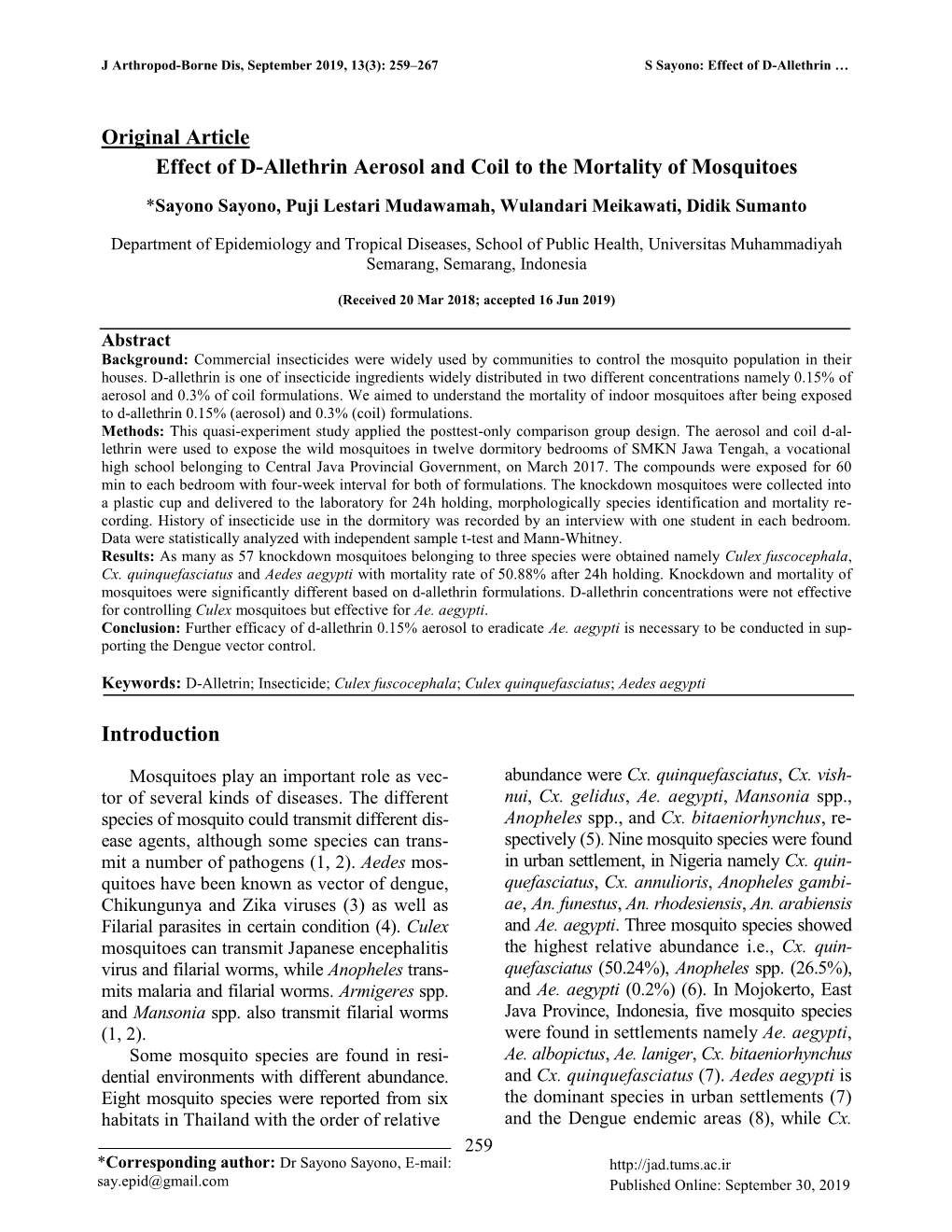 Original Article Effect of D-Allethrin Aerosol and Coil to the Mortality of Mosquitoes