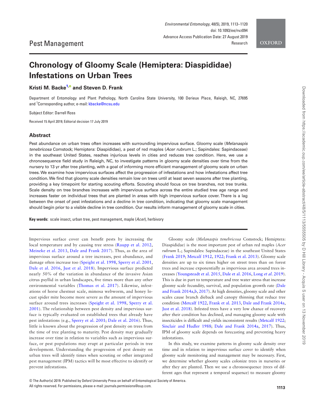 Chronology of Gloomy Scale (Hemiptera: Diaspididae) Infestations on Urban Trees