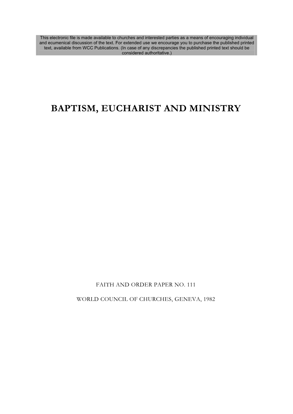 Baptism, Eucharist and Ministry