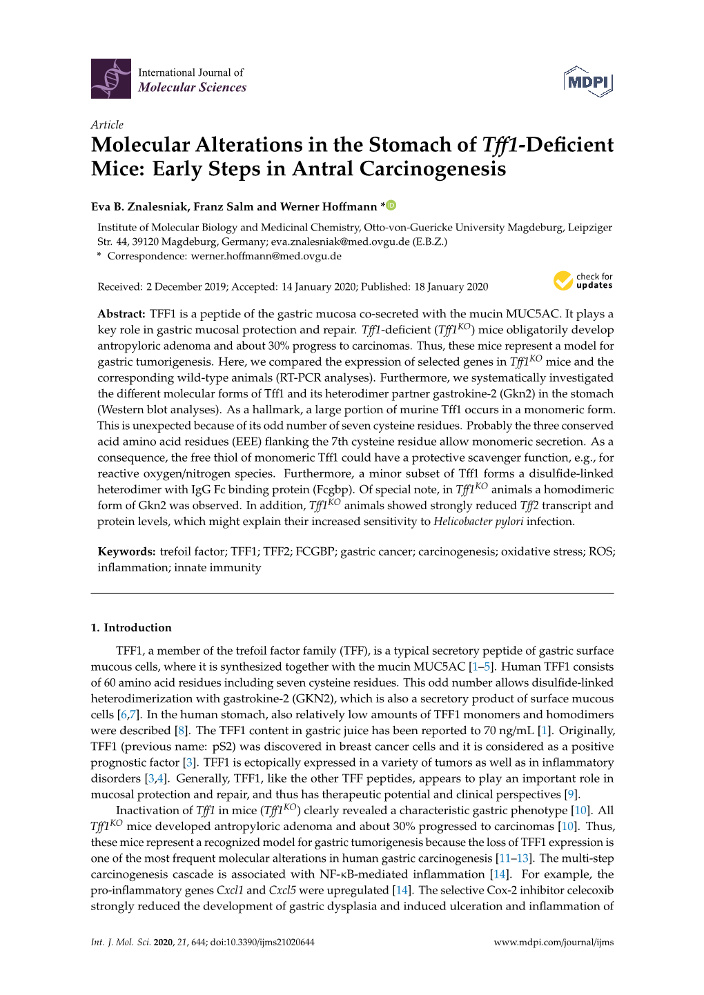 Molecular Alterations in the Stomach of Tffl-Deficient Mice