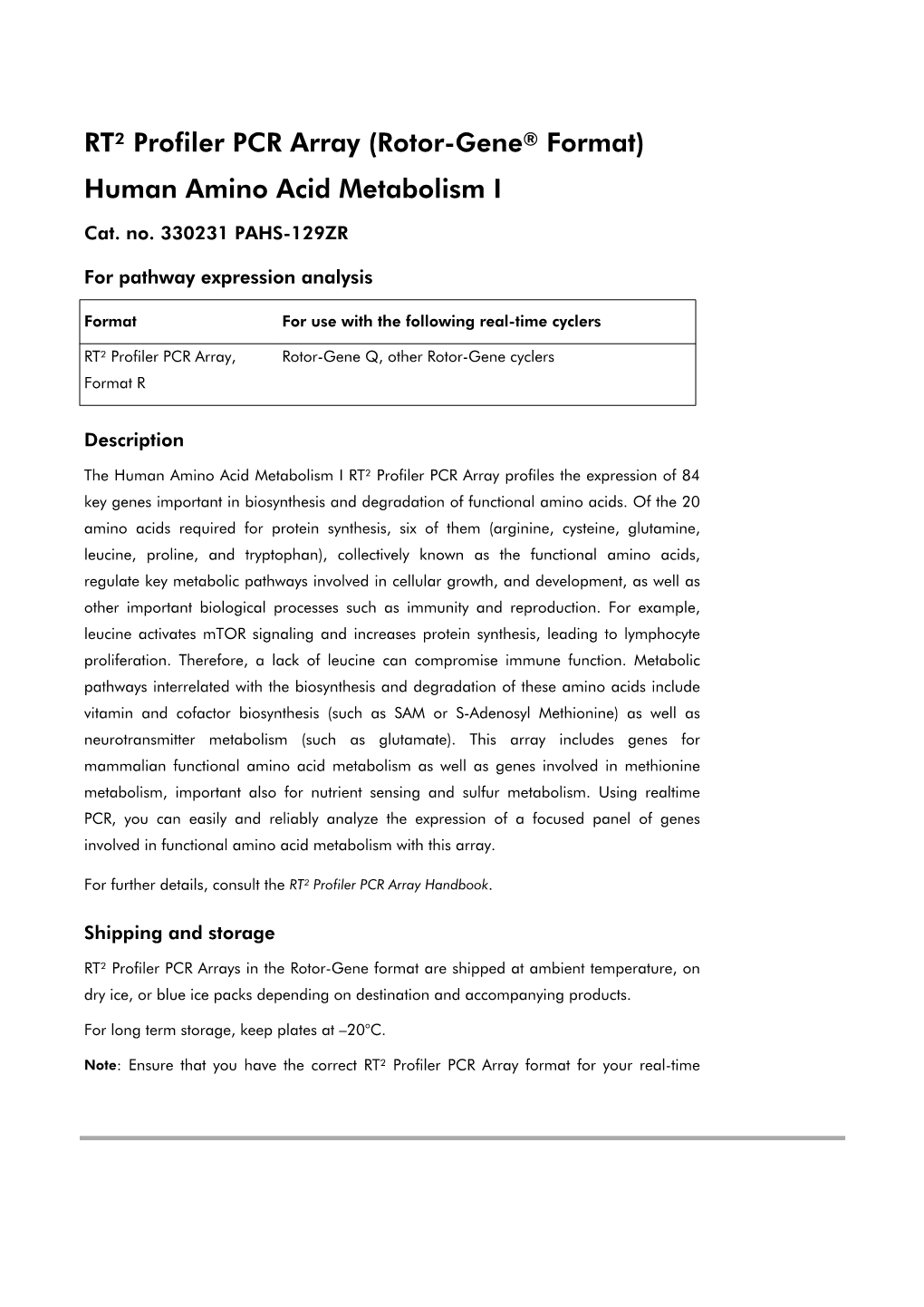 RT² Profiler PCR Array (Rotor-Gene® Format) Human Amino Acid Metabolism I