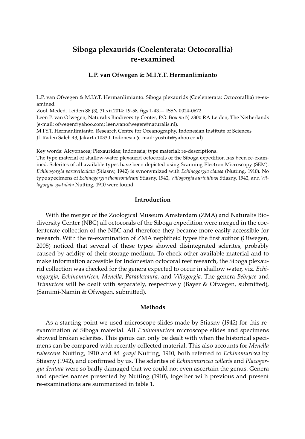 Siboga Plexaurids (Coelenterata: Octocorallia) Re-Examined