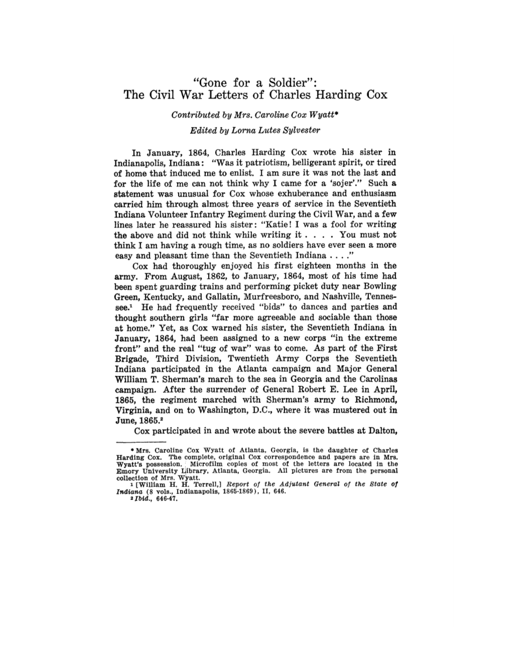 “Gone for a Soldier”: the Civil War Letters of Charles Harding Cox Contributed by Mrs