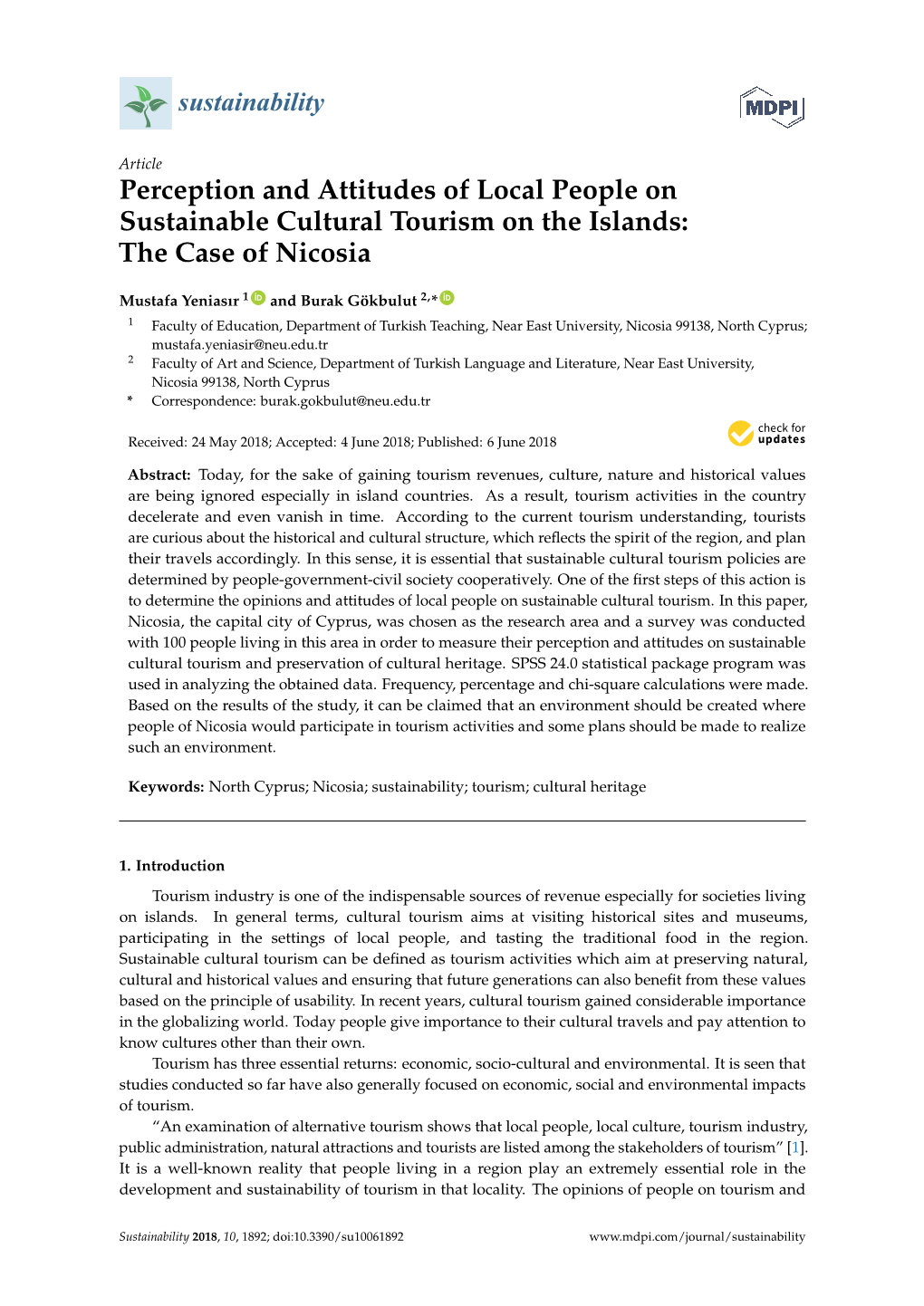 Perception and Attitudes of Local People on Sustainable Cultural Tourism on the Islands: the Case of Nicosia