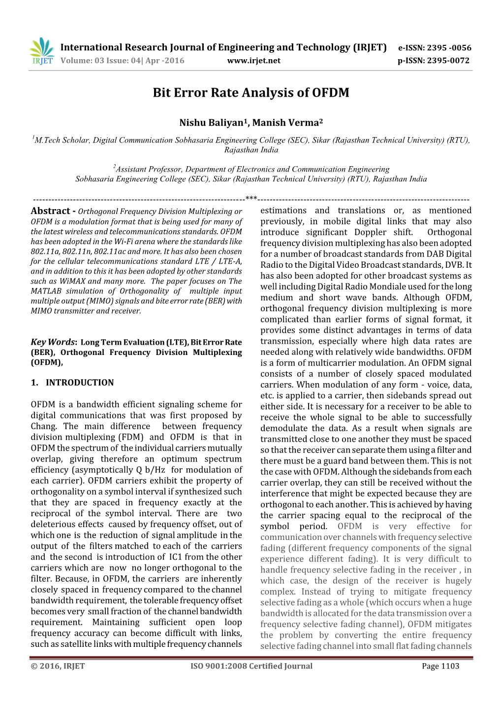 Bit Error Rate Analysis of OFDM