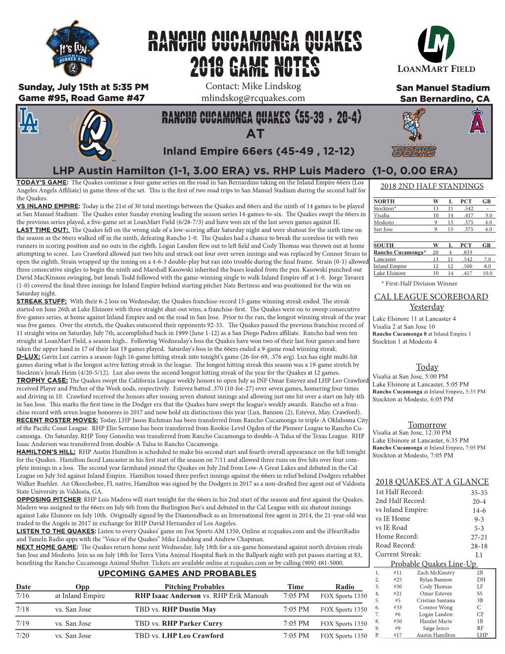 Rancho Cucamonga Quakes 2018 Game Notes