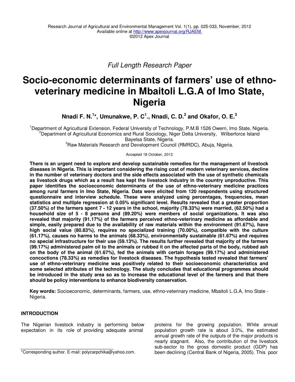 Veterinary Medicine in Mbaitoli LGA of Imo State, Nigeria