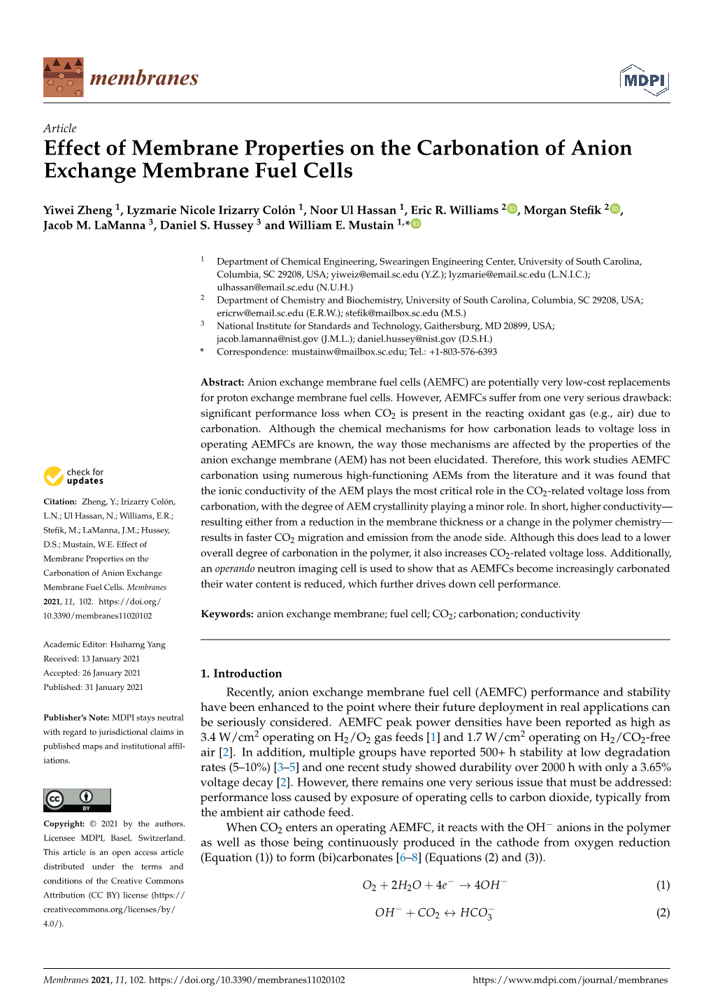 Effect of Membrane Properties on the Carbonation of Anion Exchange Membrane Fuel Cells