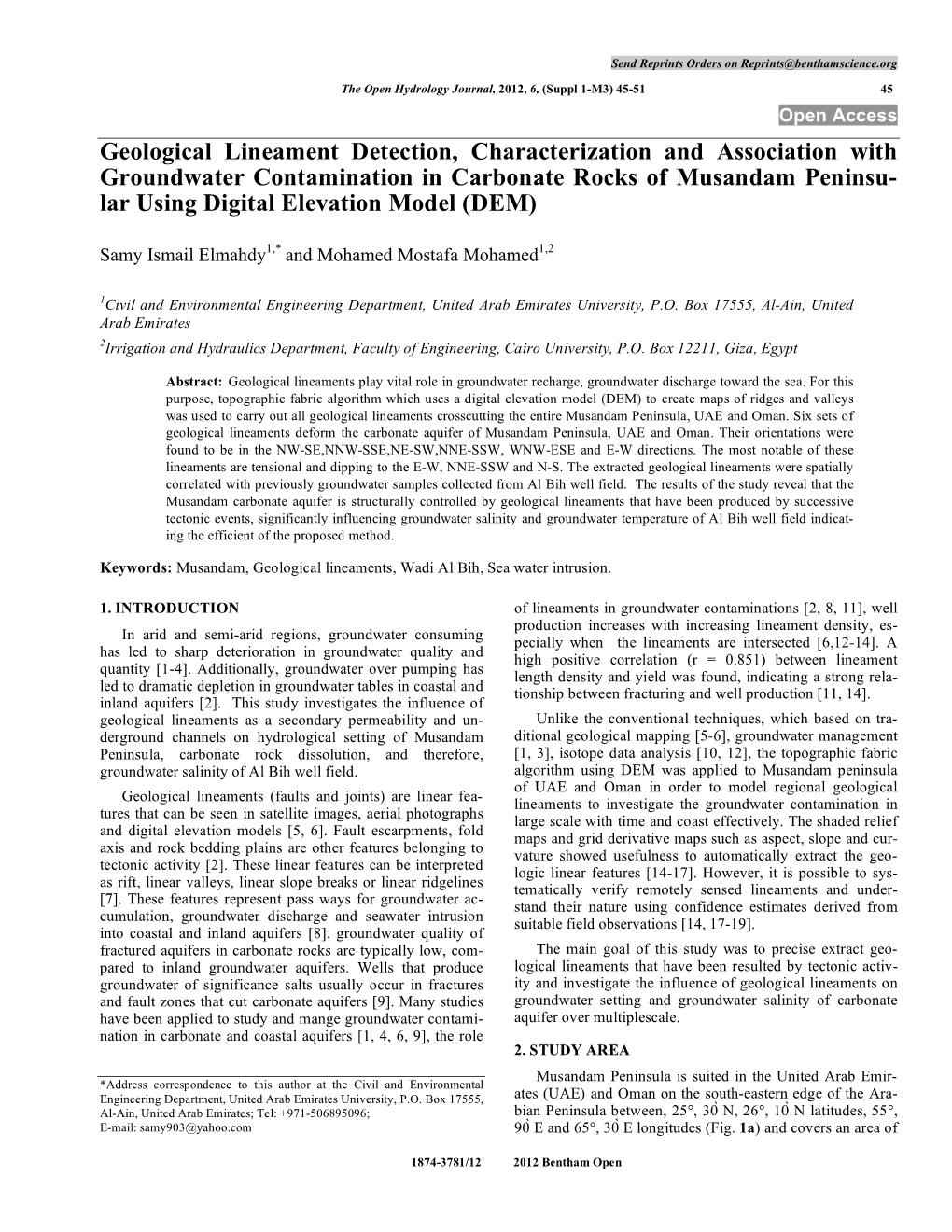 Geological Lineament Detection, Characterization and Association with Groundwater Contamination in Carbonate Rocks of Musandam P