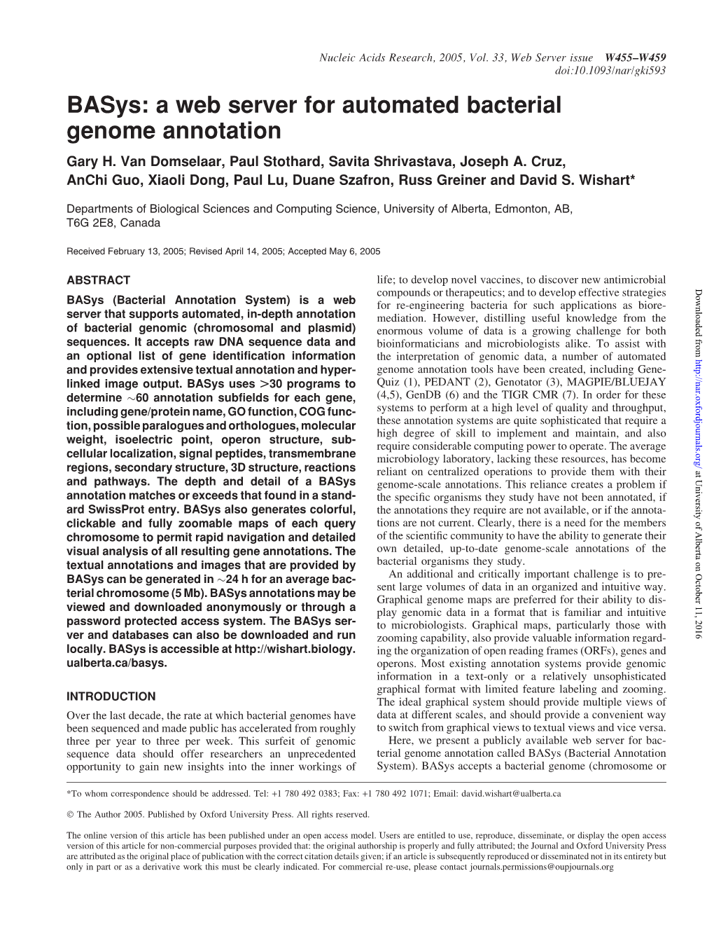 Basys: a Web Server for Automated Bacterial Genome Annotation Gary H