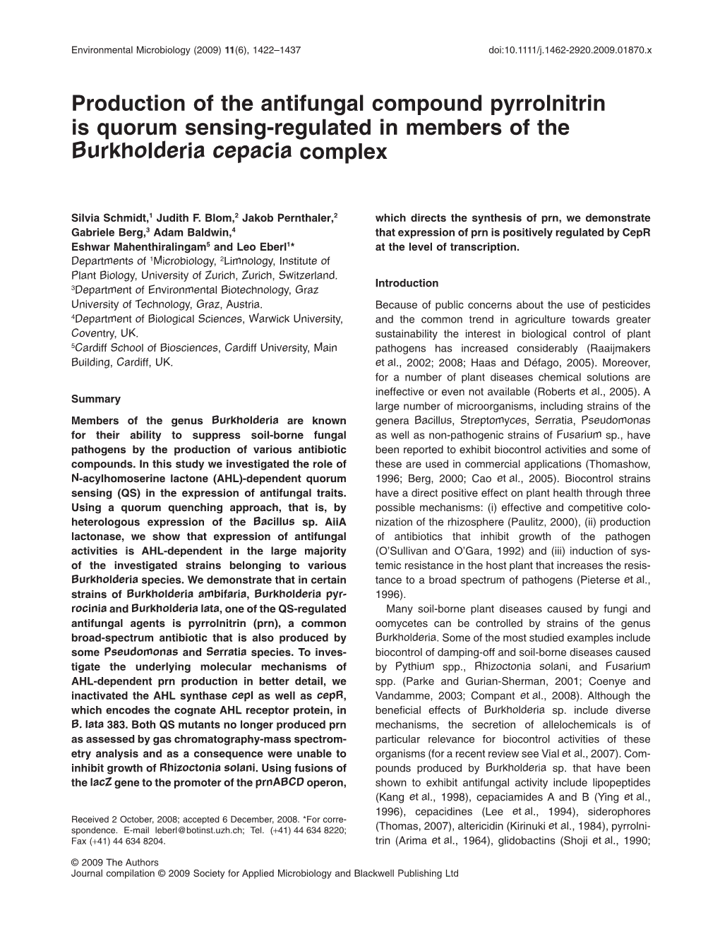 Production of the Antifungal Compound Pyrrolnitrin Is Quorum Sensing-Regulated in Members of The