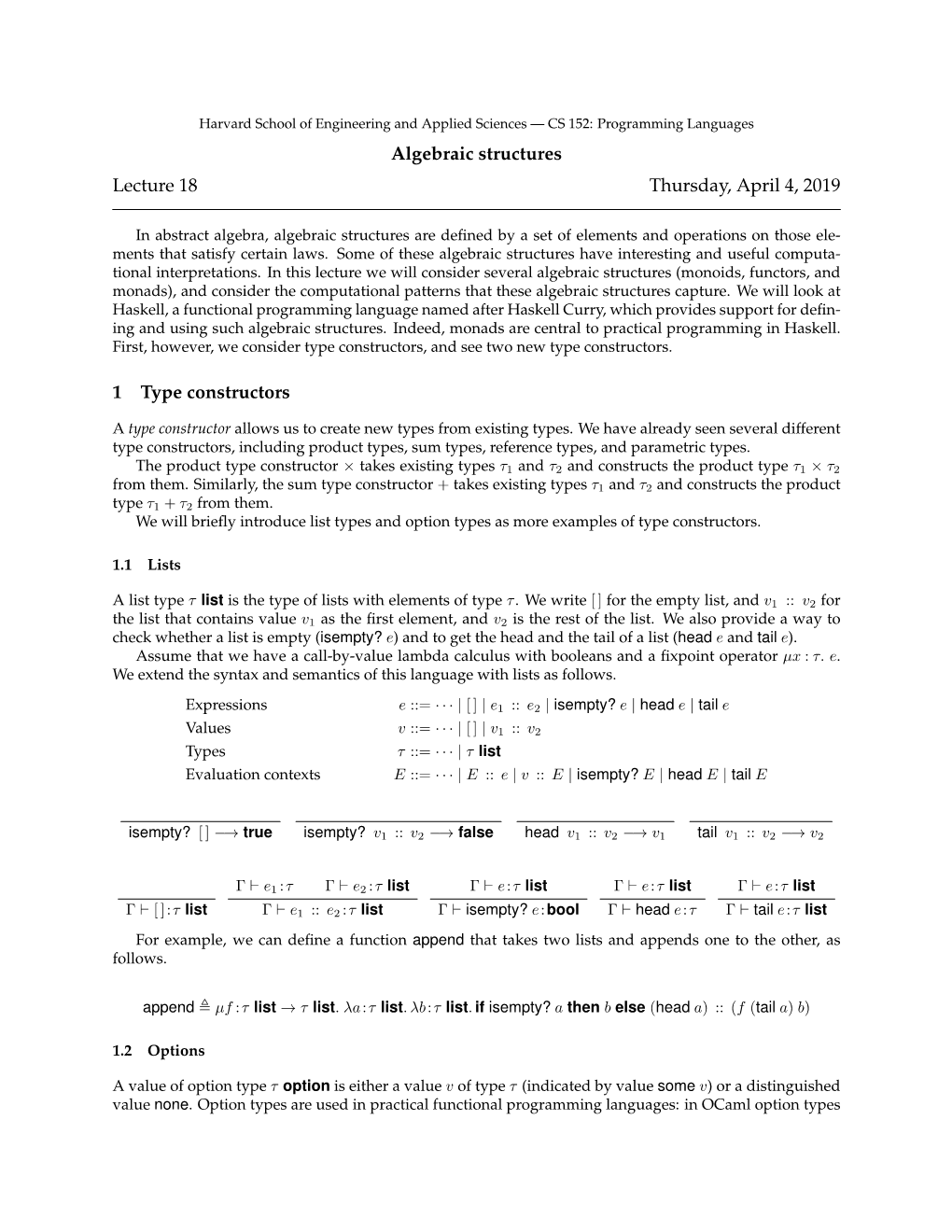 Algebraic Structures Lecture 18 Thursday, April 4, 2019 1 Type