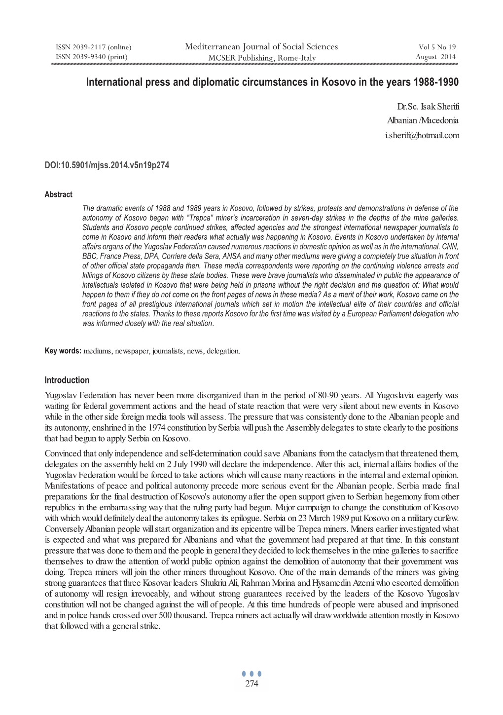 International Press and Diplomatic Circumstances in Kosovo in the Years 1988-1990