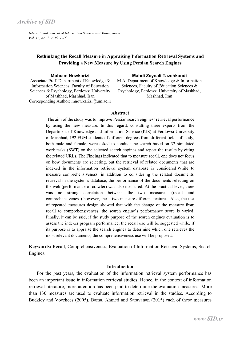 Rethinking the Recall Measure in Appraising Information Retrieval Systems and Providing a New Measure by Using Persian Search Engines