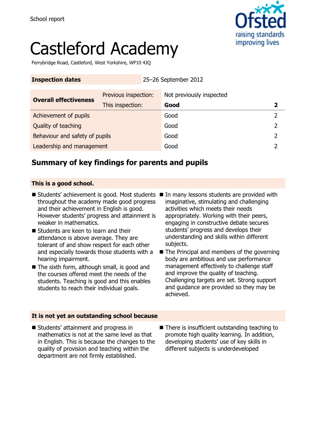 Castleford Academy Ferrybridge Road, Castleford, West Yorkshire, WF10 4JQ