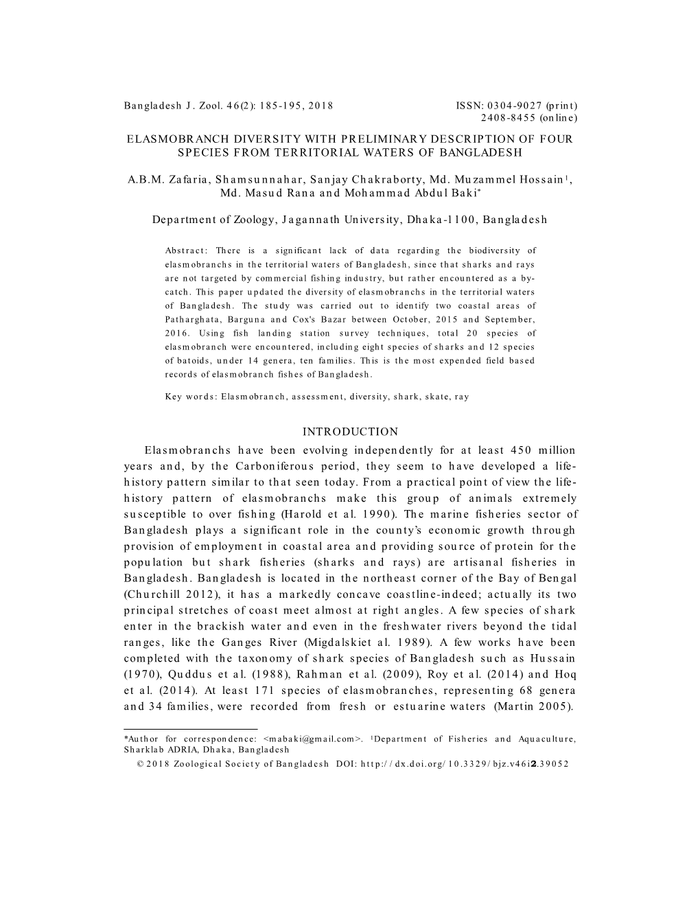 Elasmobranch Diversity with Preliminary Description of Four Species from Territorial Waters of Bangladesh