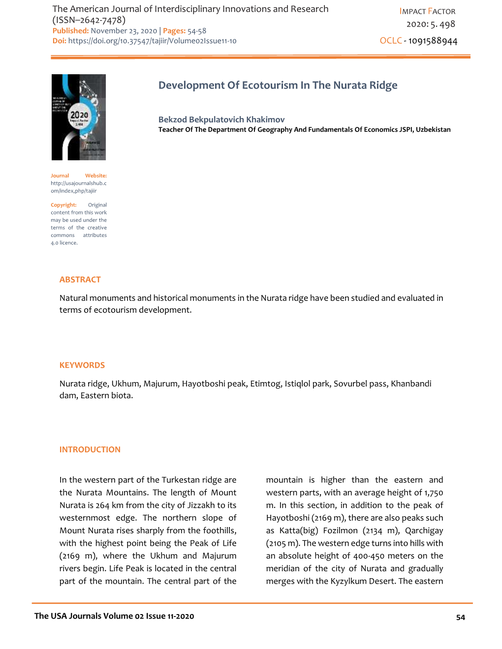 Development of Ecotourism in the Nurata Ridge