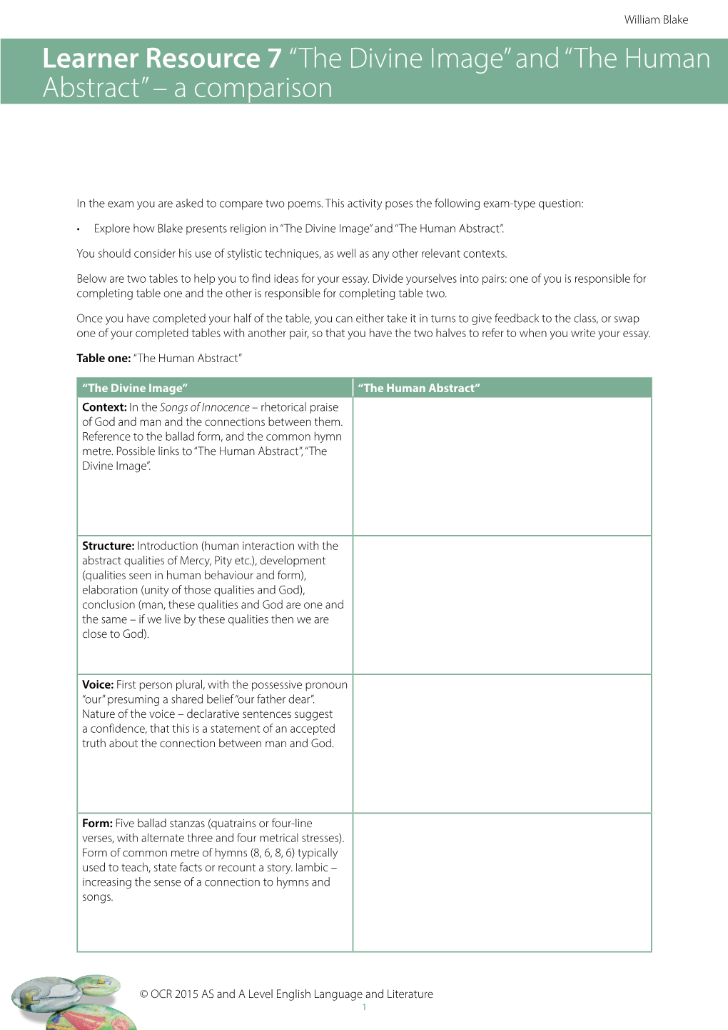 Learner Resource 7 “The Divine Image” and “The Human Abstract” – a Comparison