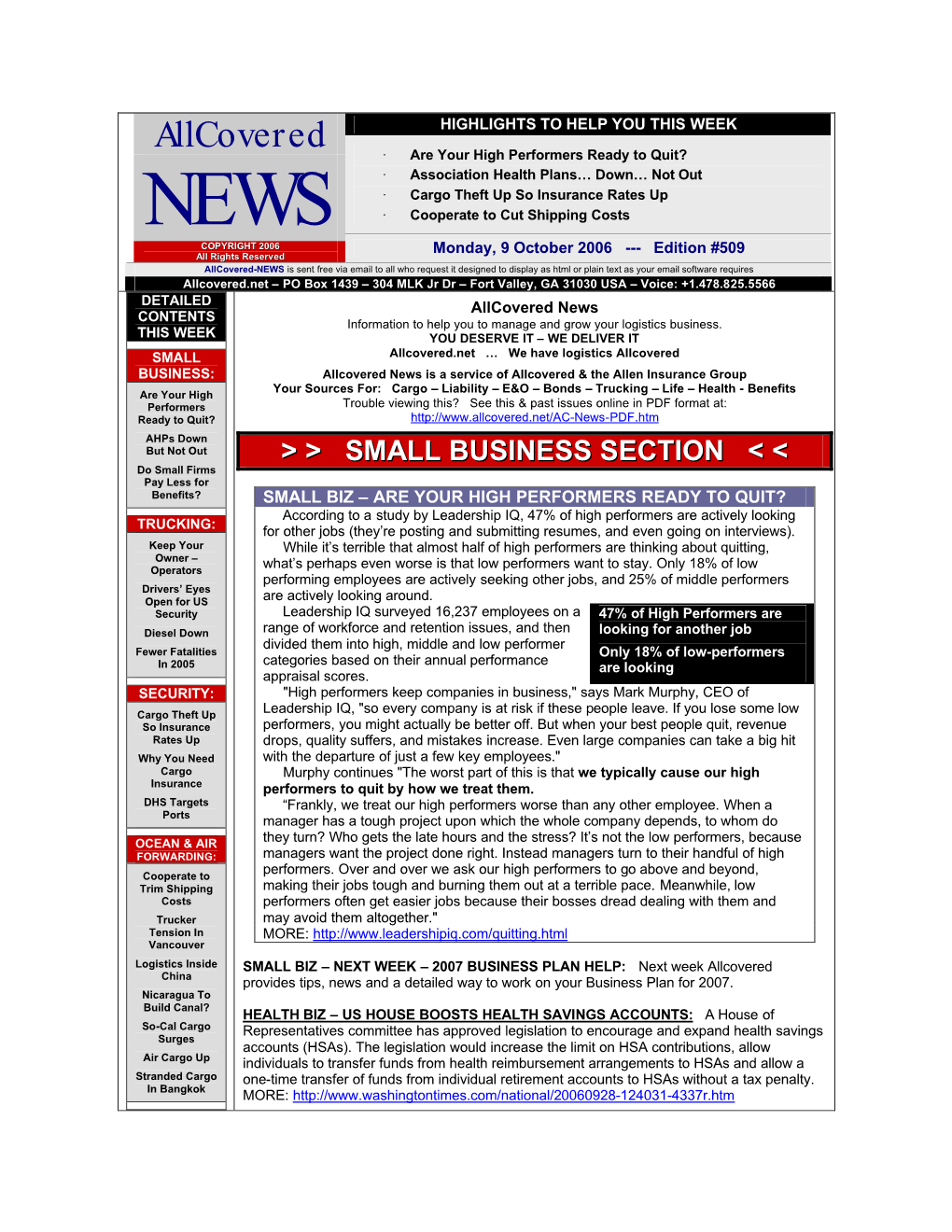 Allcovered News CONTENTS Information to Help You to Manage and Grow Your Logistics Business
