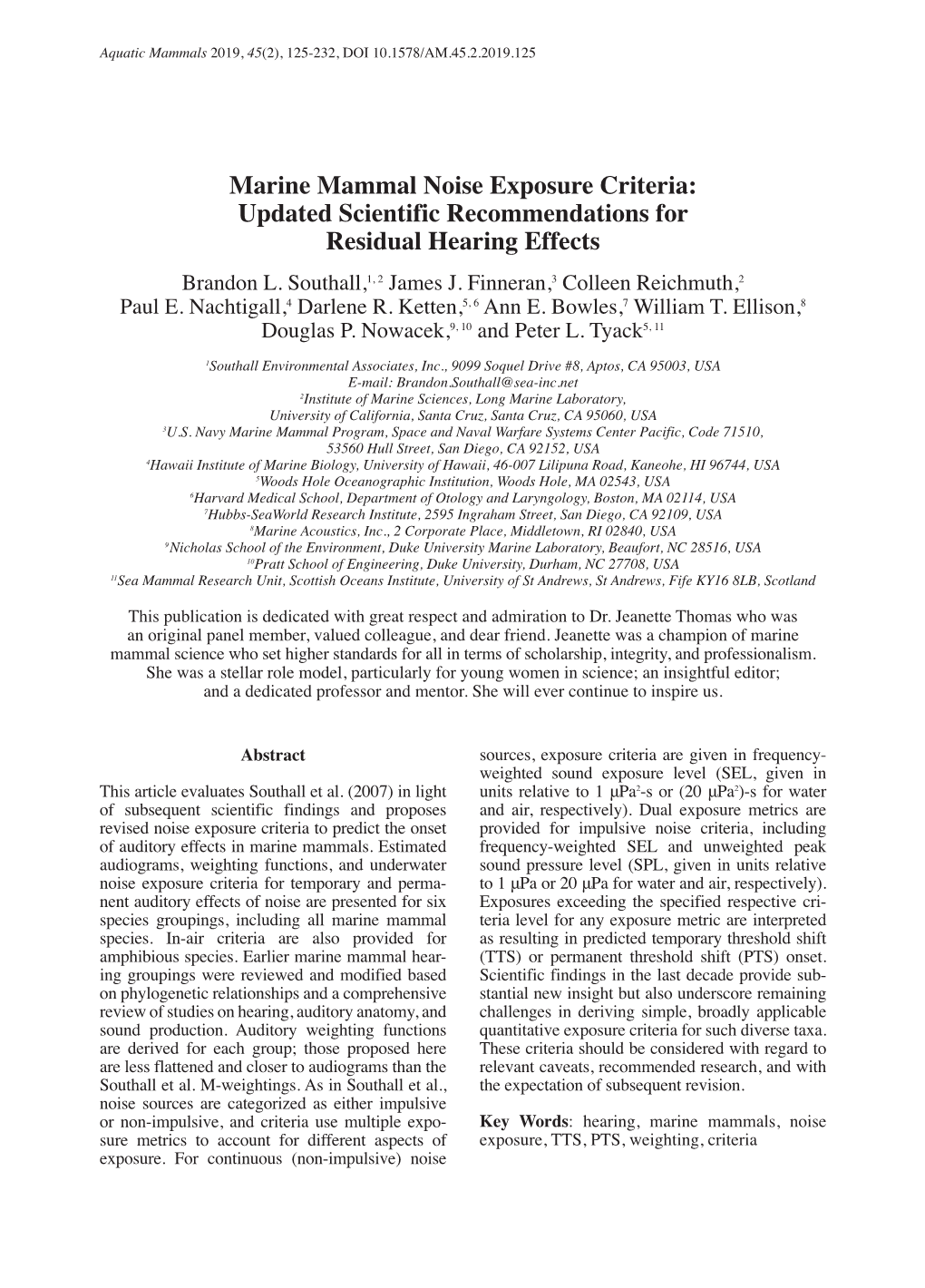 Marine Mammal Noise Exposure Criteria: Updated Scientific Recommendations for Residual Hearing Effects Brandon L