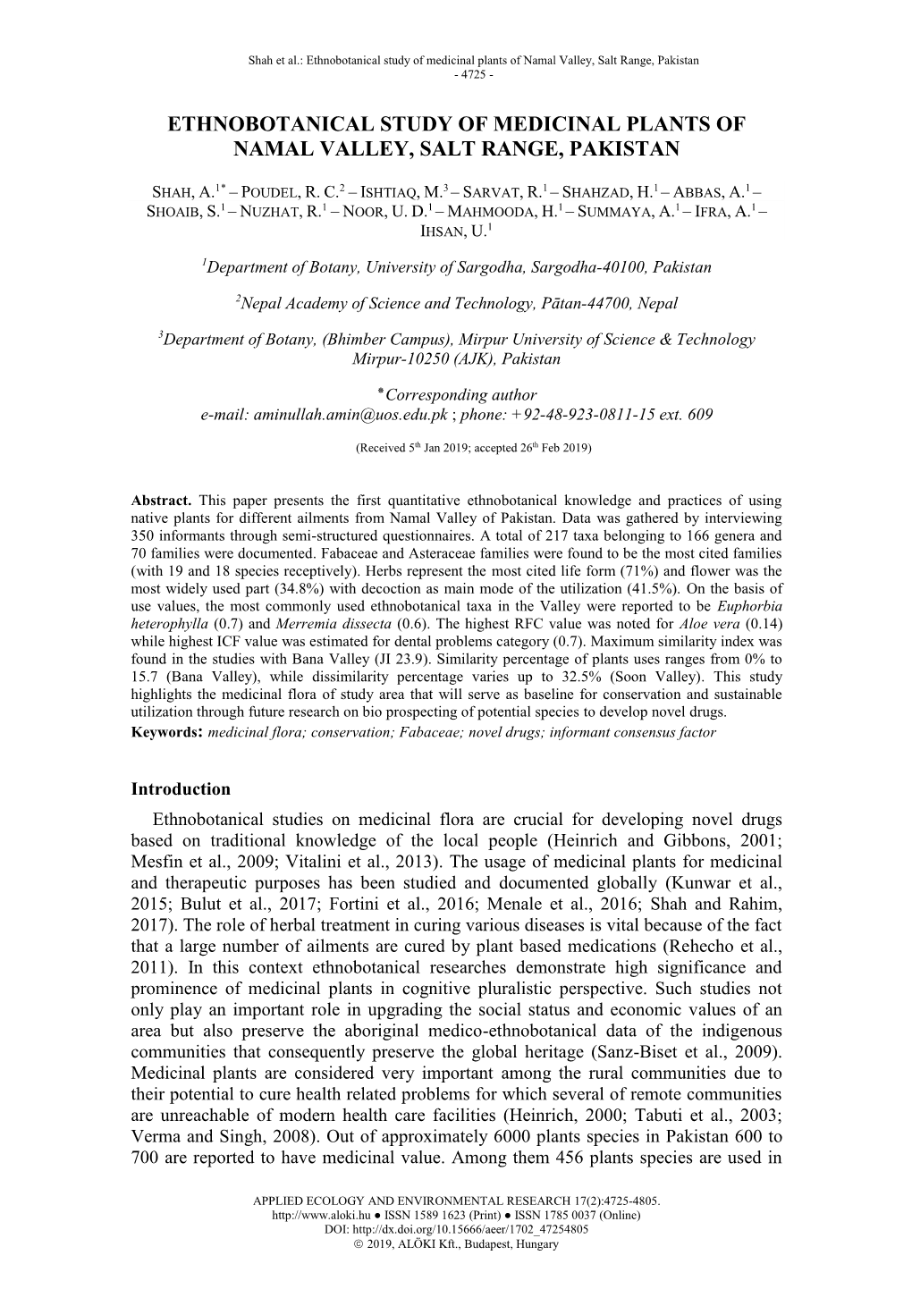 Ethnobotanical Study of Medicinal Plants of Namal Valley, Salt Range, Pakistan - 4725