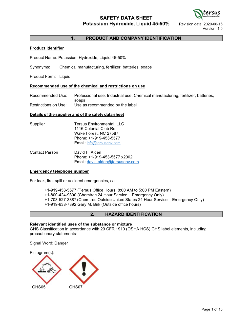 SAFETY DATA SHEET Potassium Hydroxide, Liquid 45-50% Revision Date: 2020-06-15 Version: 1.0