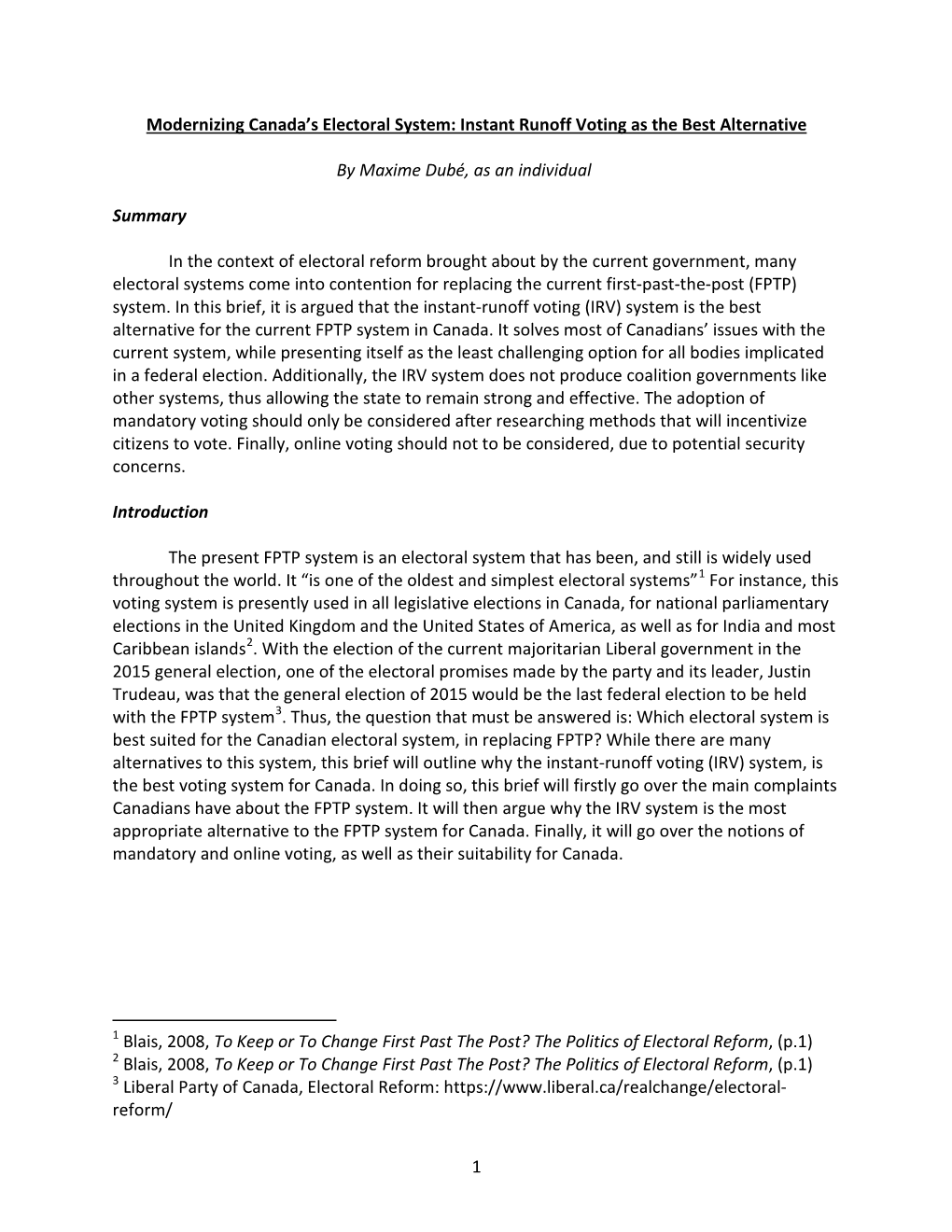 1 Modernizing Canada's Electoral System: Instant Runoff Voting As The