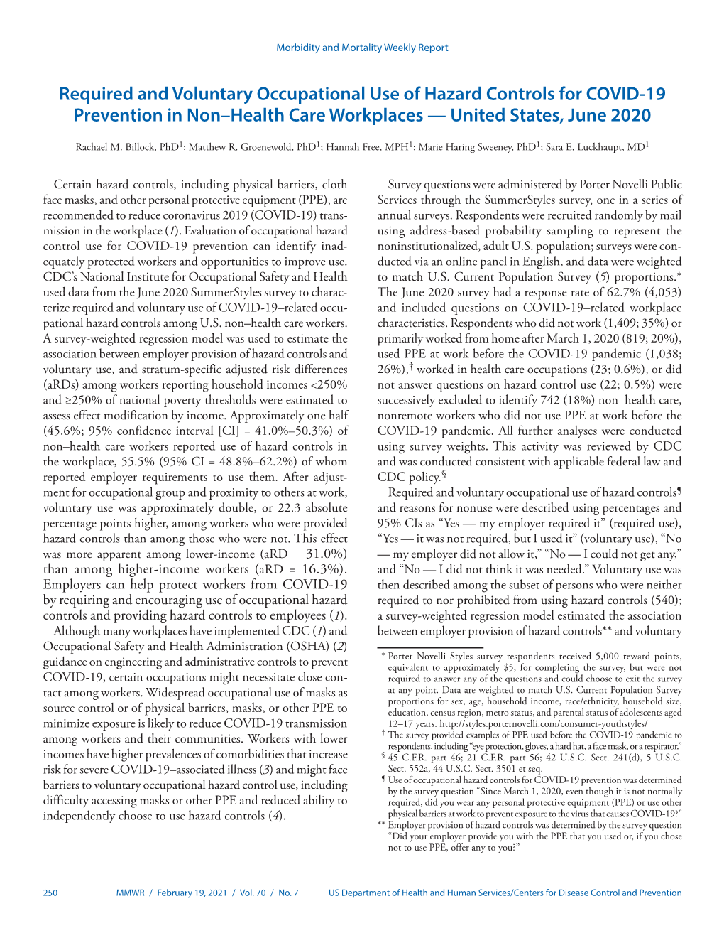 Required and Voluntary Occupational Use of Hazard Controls for COVID-19 Prevention in Non–Health Care Workplaces — United States, June 2020