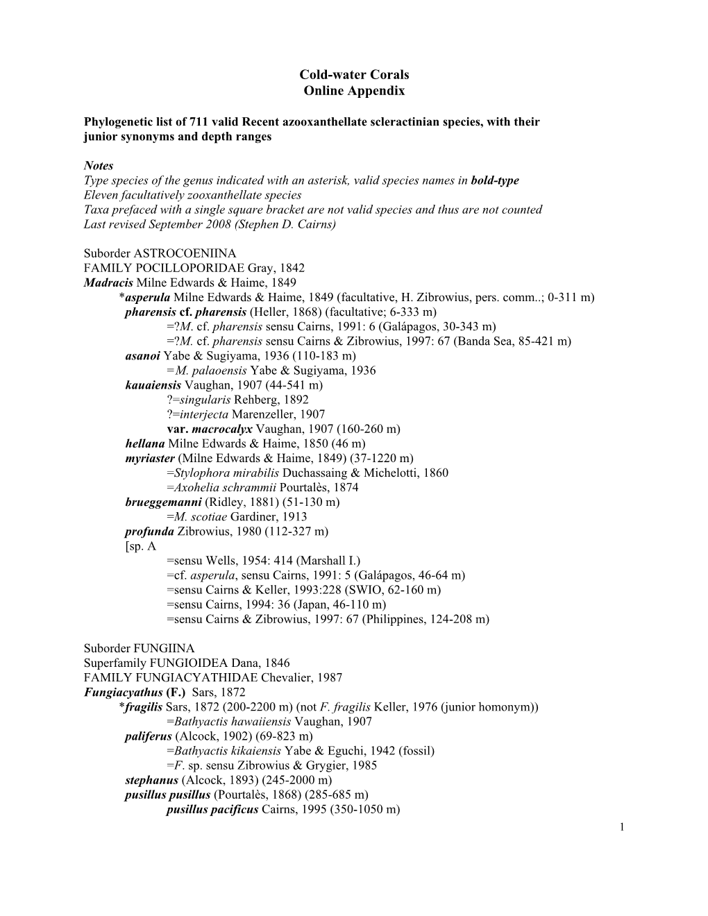 Cold-Water Corals Online Appendix: Recent Azooxanthellate Scleractinia