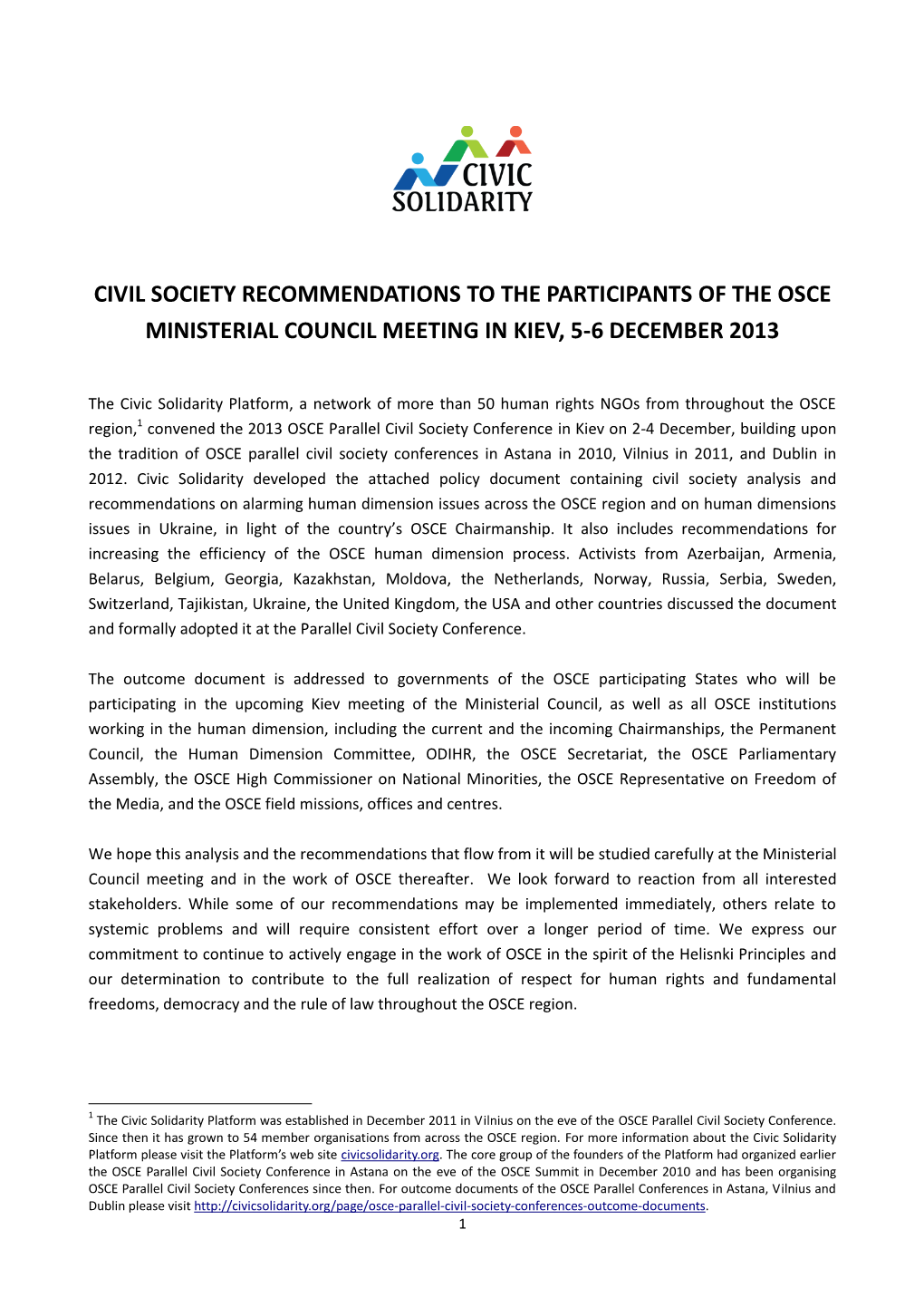 Civil Society Recommendations to the Participants of the Osce Ministerial Council Meeting in Kiev, 5-6 December 2013