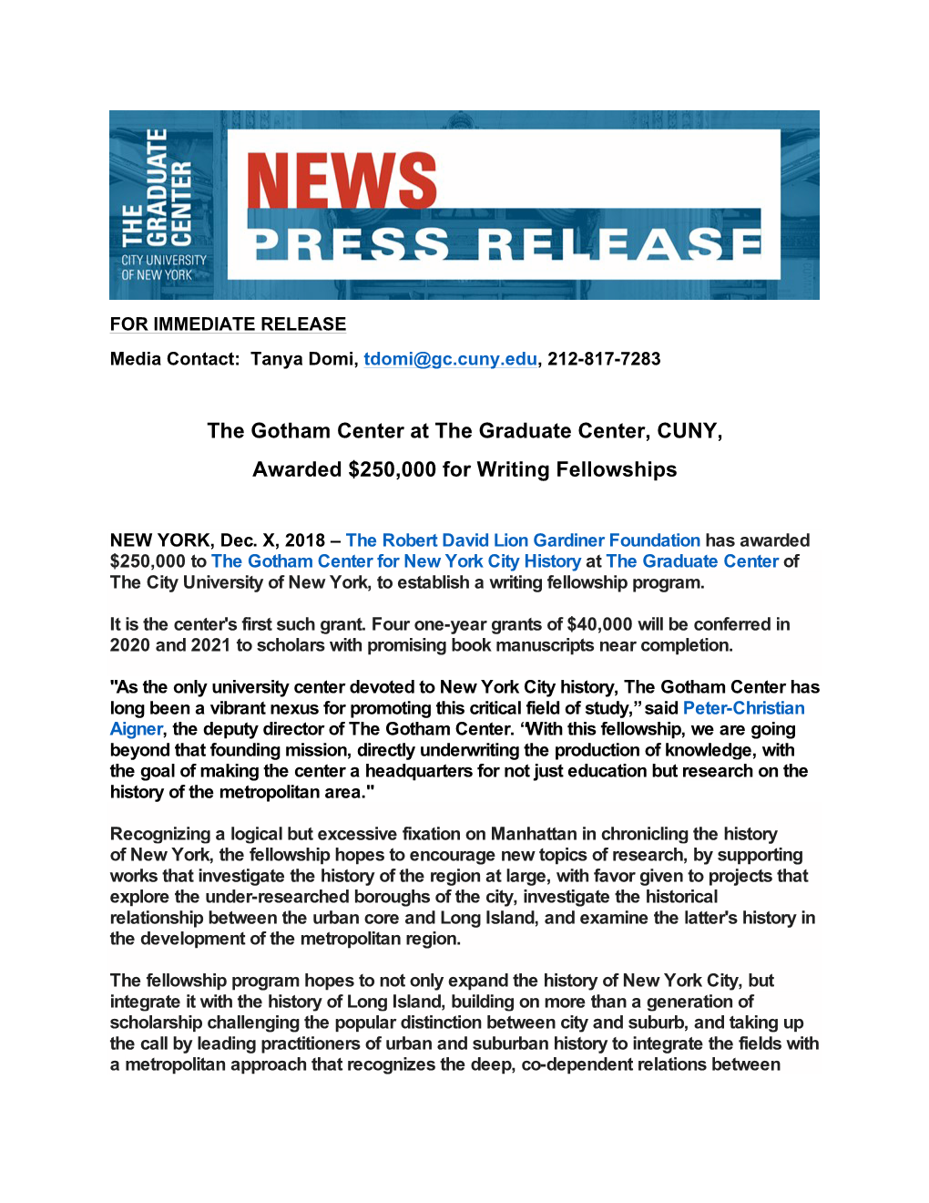 The Gotham Center at the Graduate Center, CUNY, Awarded $250,000 for Writing Fellowships