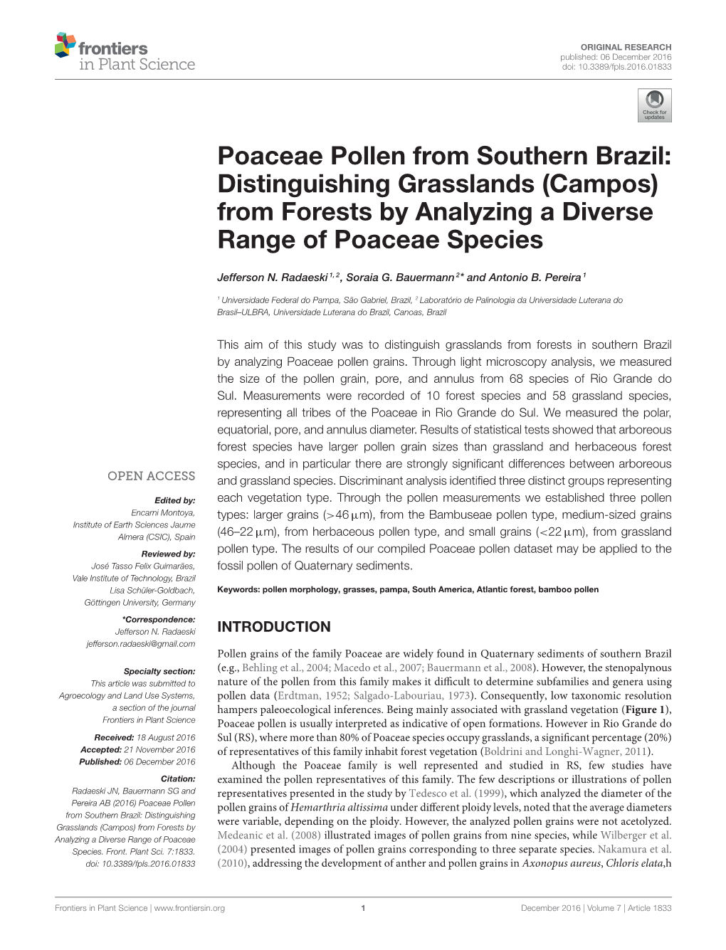 Poaceae Pollen from Southern Brazil: Distinguishing Grasslands (Campos) from Forests by Analyzing a Diverse Range of Poaceae Species