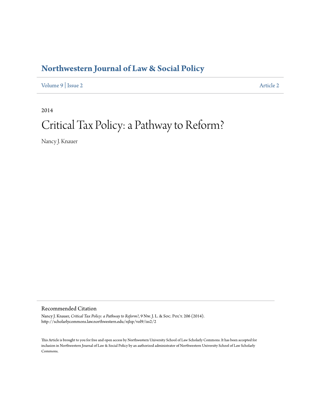 Critical Tax Policy: a Pathway to Reform? Nancy J