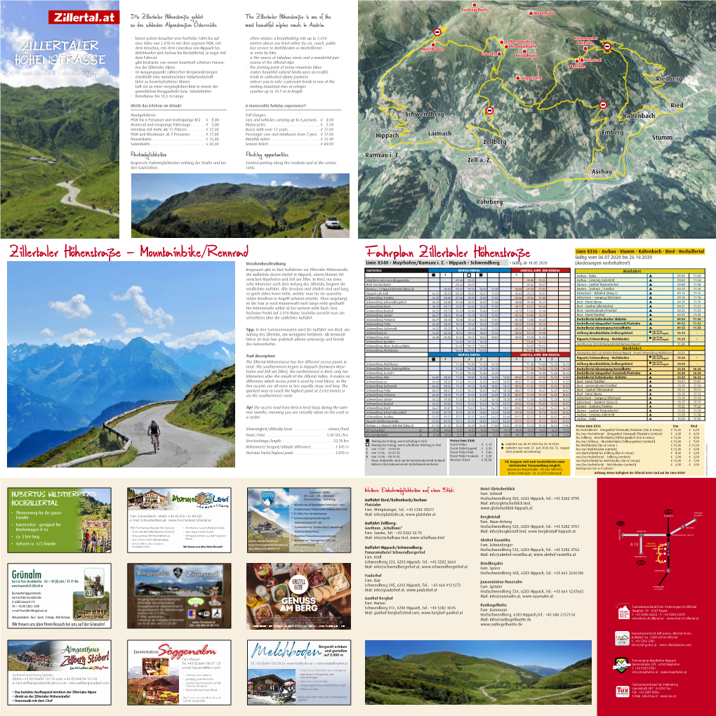 Mountainbike/Rennrad Fahrplan Zillertaler Höhenstraße Gültig Vom 06.07.2020 Bis 26.10.2020 Streckenbeschreibung Linie 8340 - Mayrhofen/Ramsau I