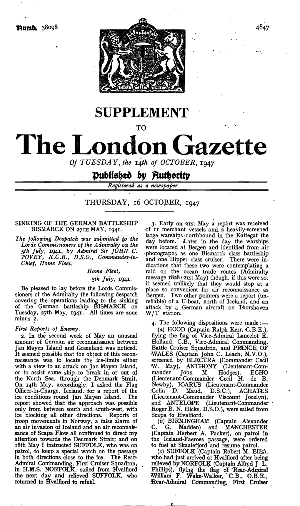 The London Gazette of TUESDAY, the Itfh of OCTOBER, 1947 by Registered As a Newspaper