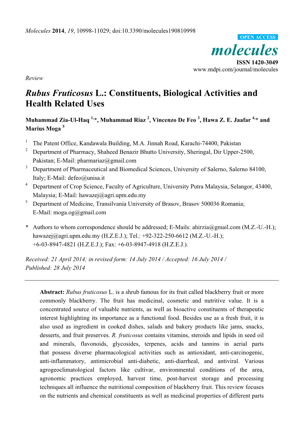 Rubus Fruticosus L.: Constituents, Biological Activities and Health Related Uses