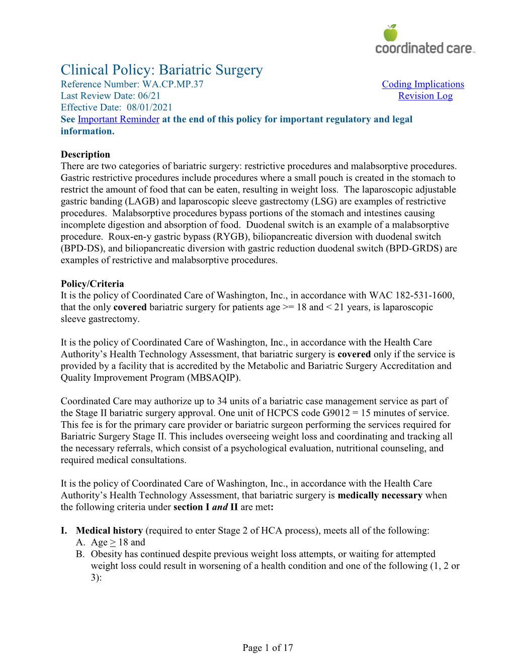 Clinical Policy: Bariatric Surgery