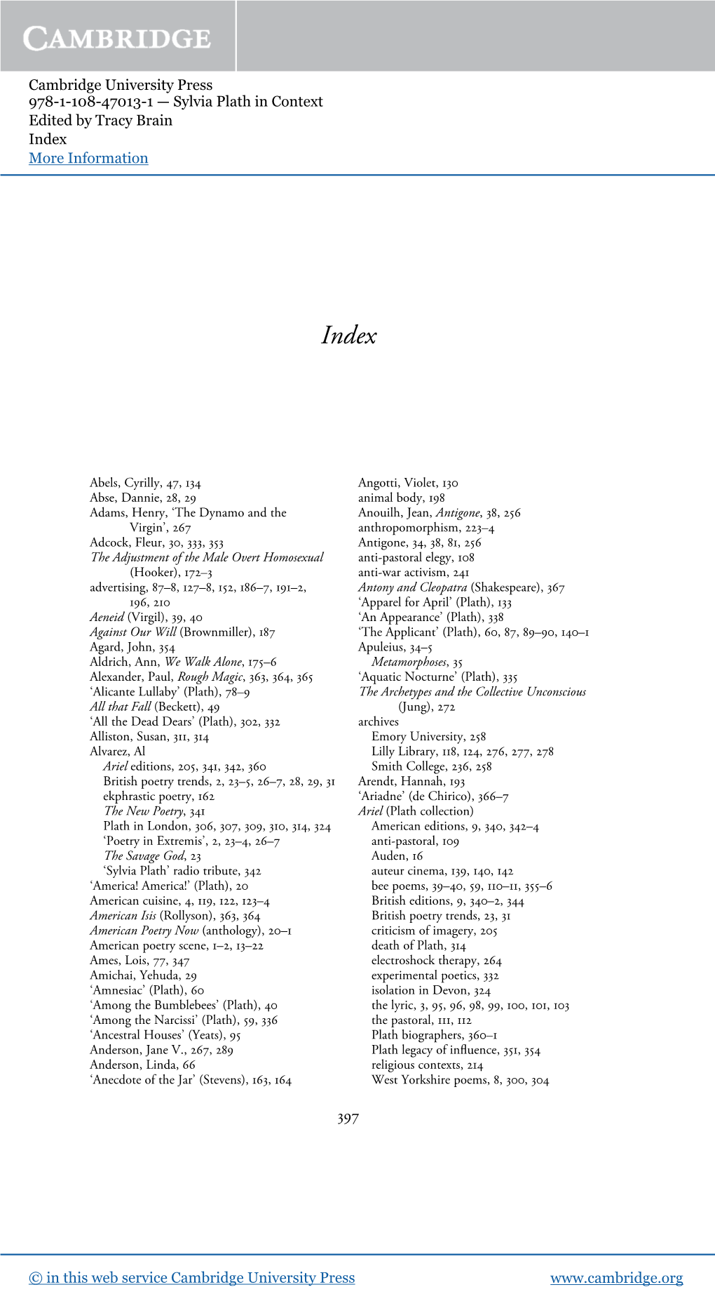 Cambridge University Press 978-1-108-47013-1 — Sylvia Plath in Context Edited by Tracy Brain Index More Information