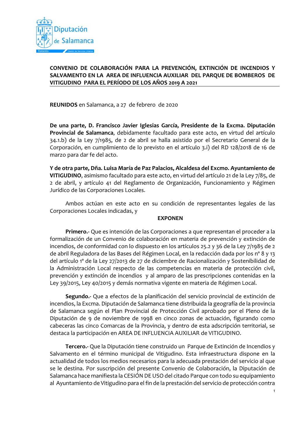 Propuesta De Convenio De Colaboración Con Los Ayuntamientos Para El Mantenimiento De Los Parques De Extinción De Incendios