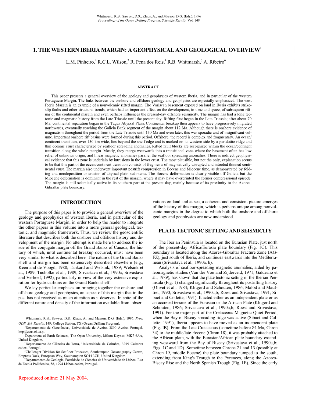 1. the Western Iberia Margin: a Geophysical and Geological Overview1